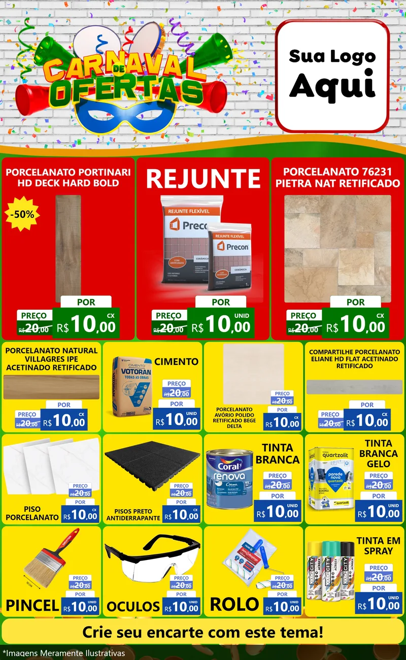 Modelo de Encarte para Encarte Grande com o tema Carnaval de Ofertas para Pisos e revestimentos