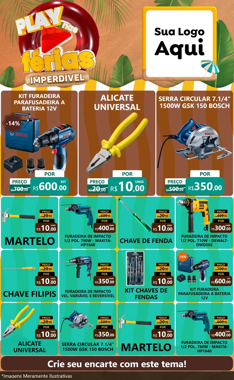 Modelo de Encarte para Encarte Grande com o tema Play Nas Férias Imperdível para Maquinas e Ferramentas
