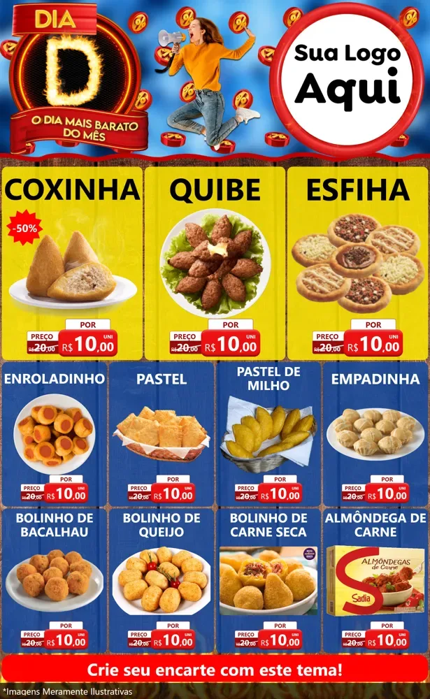 Modelo de Encarte para Encarte Grande com o tema Dia D - O Dia Mais Barato Do Mês para Salgadaria