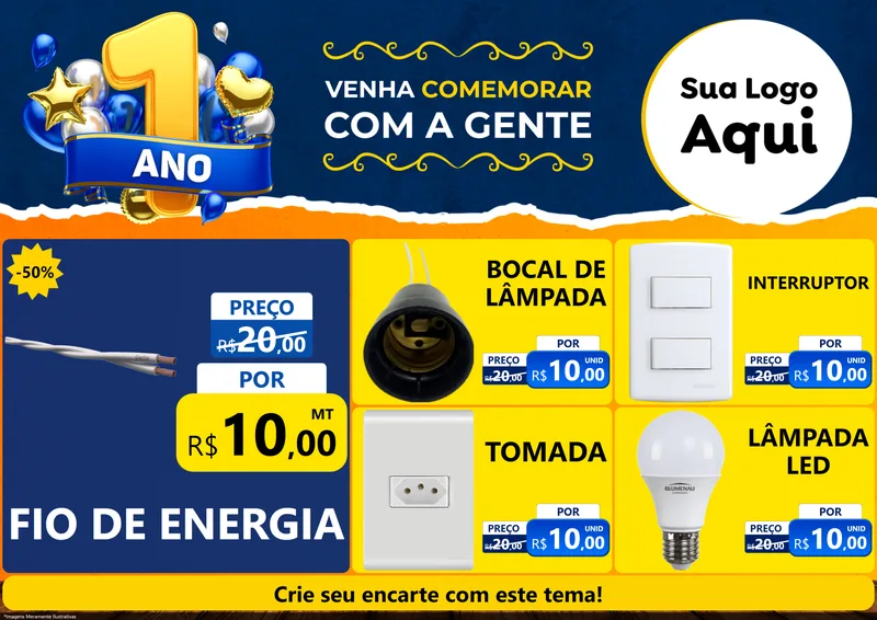 Modelo de Encarte para Encarte A4 Horizontal com o tema Um Ano de Aniversário para Materiais Elétricos