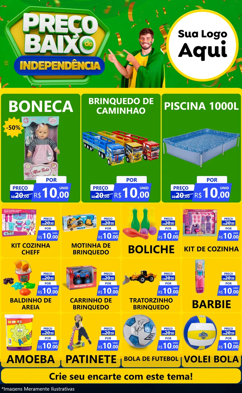Modelo de Encarte para Encarte Grande com o tema Preço Baixo de Independência para Brinquedos