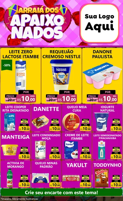 Modelo de Encarte para Encarte Grande com o tema Arraiá dos Apaixonados para Frios e Laticínios
