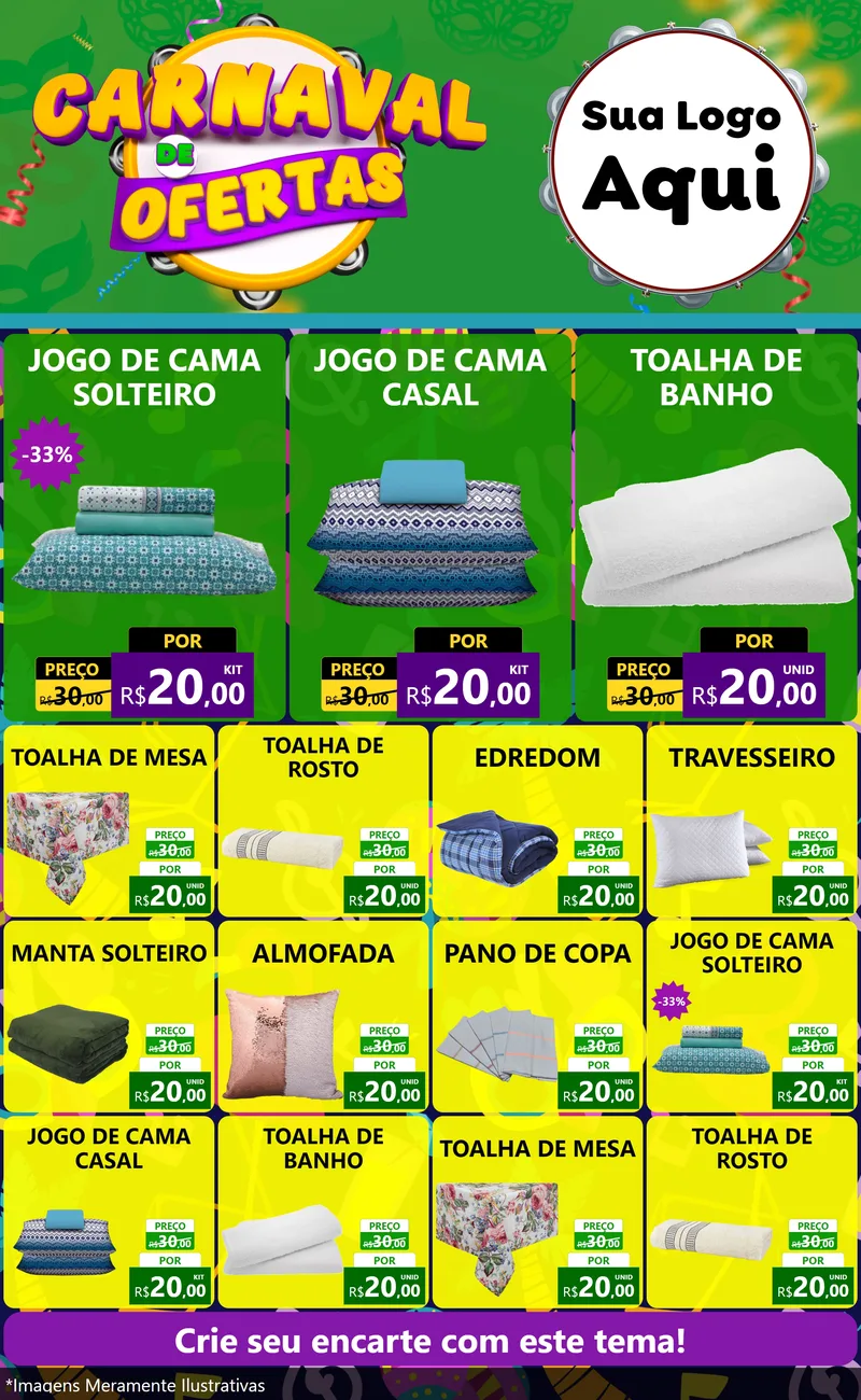 Modelo de Encarte para Encarte Grande com o tema Carnaval de Ofertas para Cama, Mesa e Banho