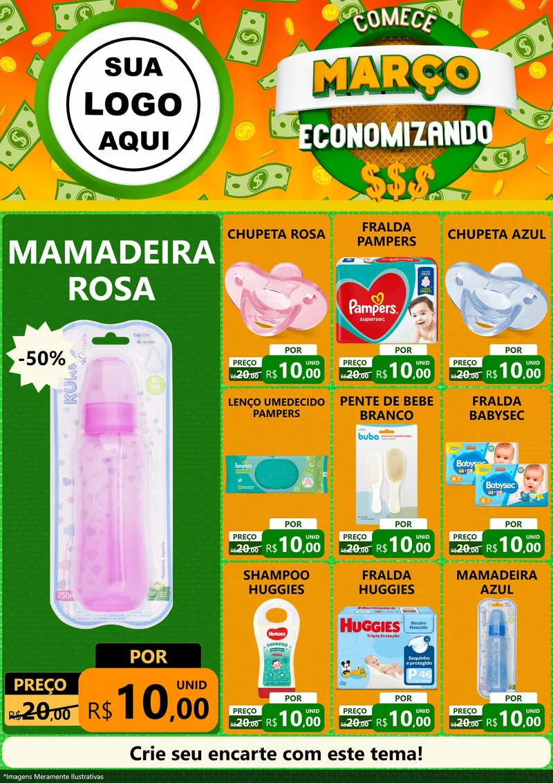 Modelo de Encarte para Encarte A4 Vertical com o tema Comece Março Economizando para Bebês