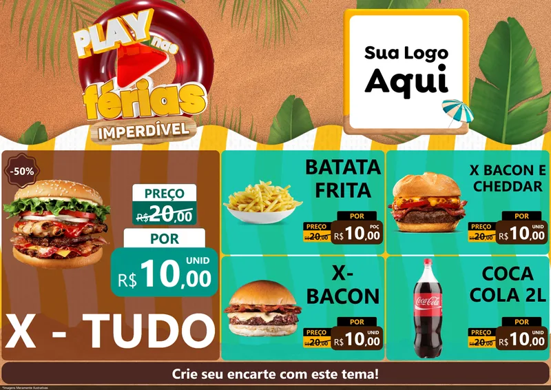Modelo de Encarte para Encarte A4 Horizontal com o tema Play Nas Férias Imperdível para Hamburgueria