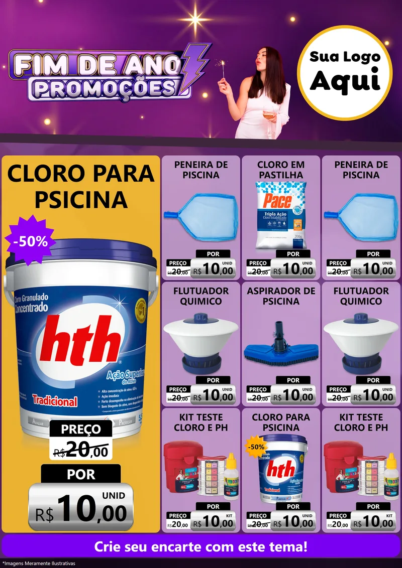 Modelo de Encarte para Encarte A4 Vertical com o tema Fim de Ano Promoções para Produtos para Piscina