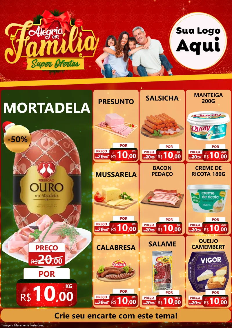 Modelo de Encarte para Encarte A4 Vertical com o tema Alegria em Família Super Ofertas - Natal para Frios e Laticínios
