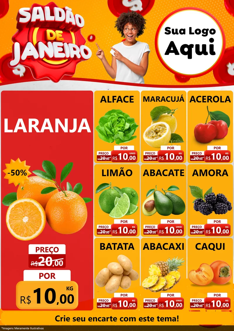 Modelo de Encarte para Encarte A4 Vertical com o tema Saldão de Janeiro para Hortifrúti