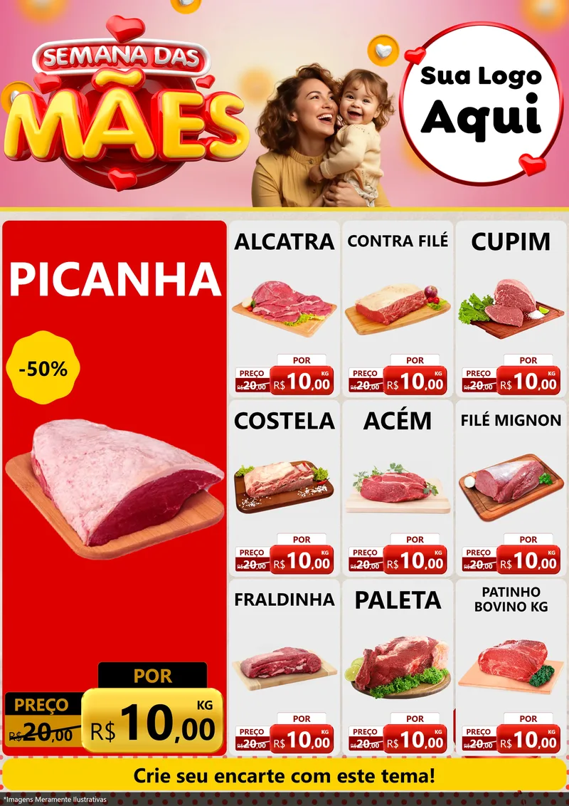 Modelo de Encarte para Encarte A4 Vertical com o tema Semana das Mães para Açougue