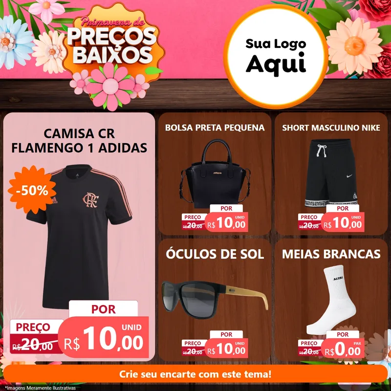 Modelo de Rede Social para Feed Facebook com o tema Primavera de Preços Baixos para Roupas e acessórios