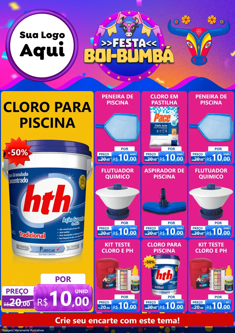 Modelo de Encarte para Encarte A4 Vertical com o tema Festa Boi-Bumbá para Produtos para Piscina