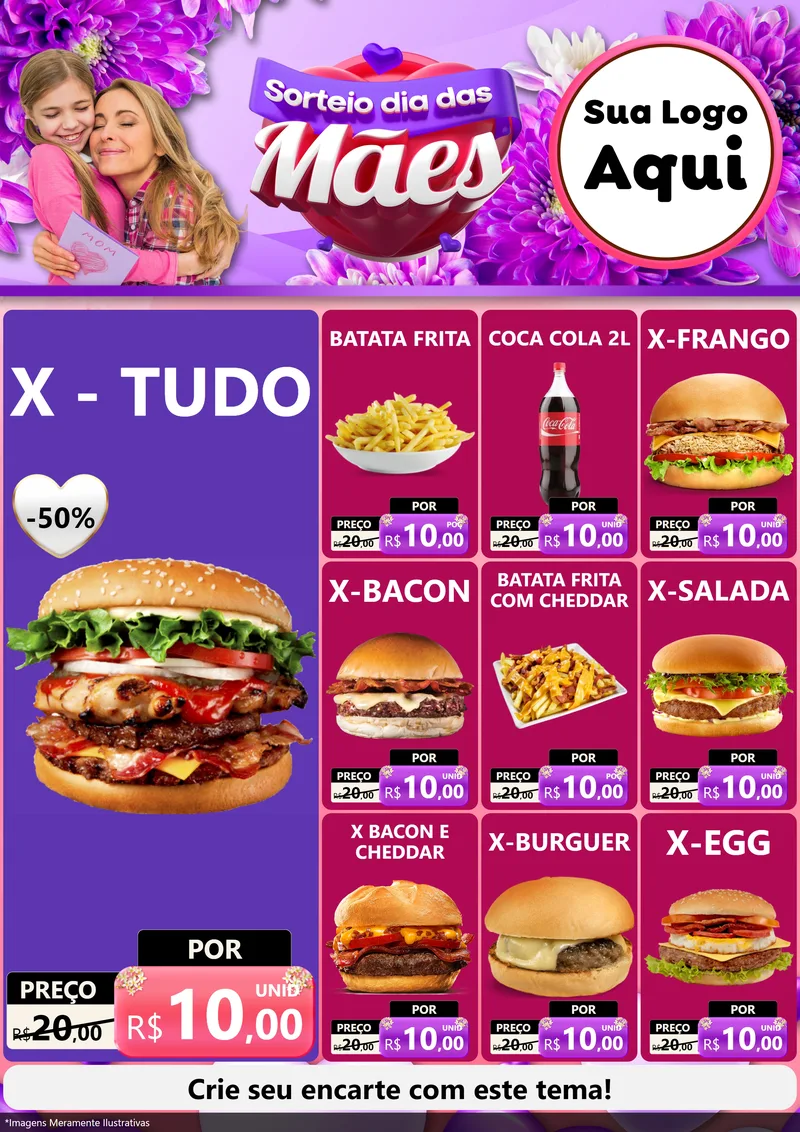 Modelo de Encarte para Encarte A4 Vertical com o tema Sorteio Dia das Mães para Hamburgueria