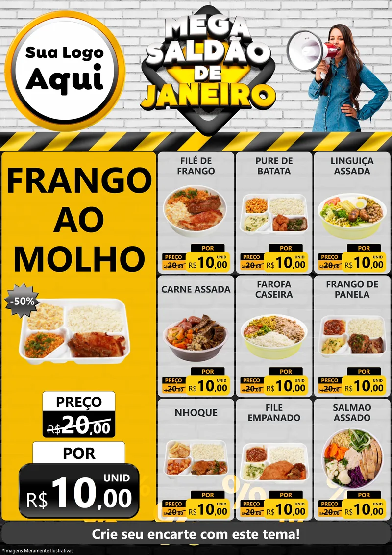 Modelo de Encarte para Encarte A4 Vertical com o tema Mega Saldão de Janeiro para Restaurante