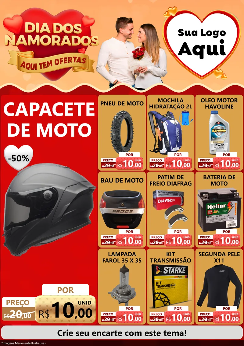 Modelo de Encarte para Encarte A4 Vertical com o tema Dia dos Namorados - Aqui Tem Ofertas para Moto peças