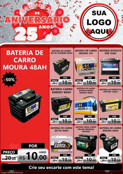 Modelo de Encarte para Encarte A4 Vertical com o tema Promoção de Aniversário - 25Anos para Baterias Elétricas