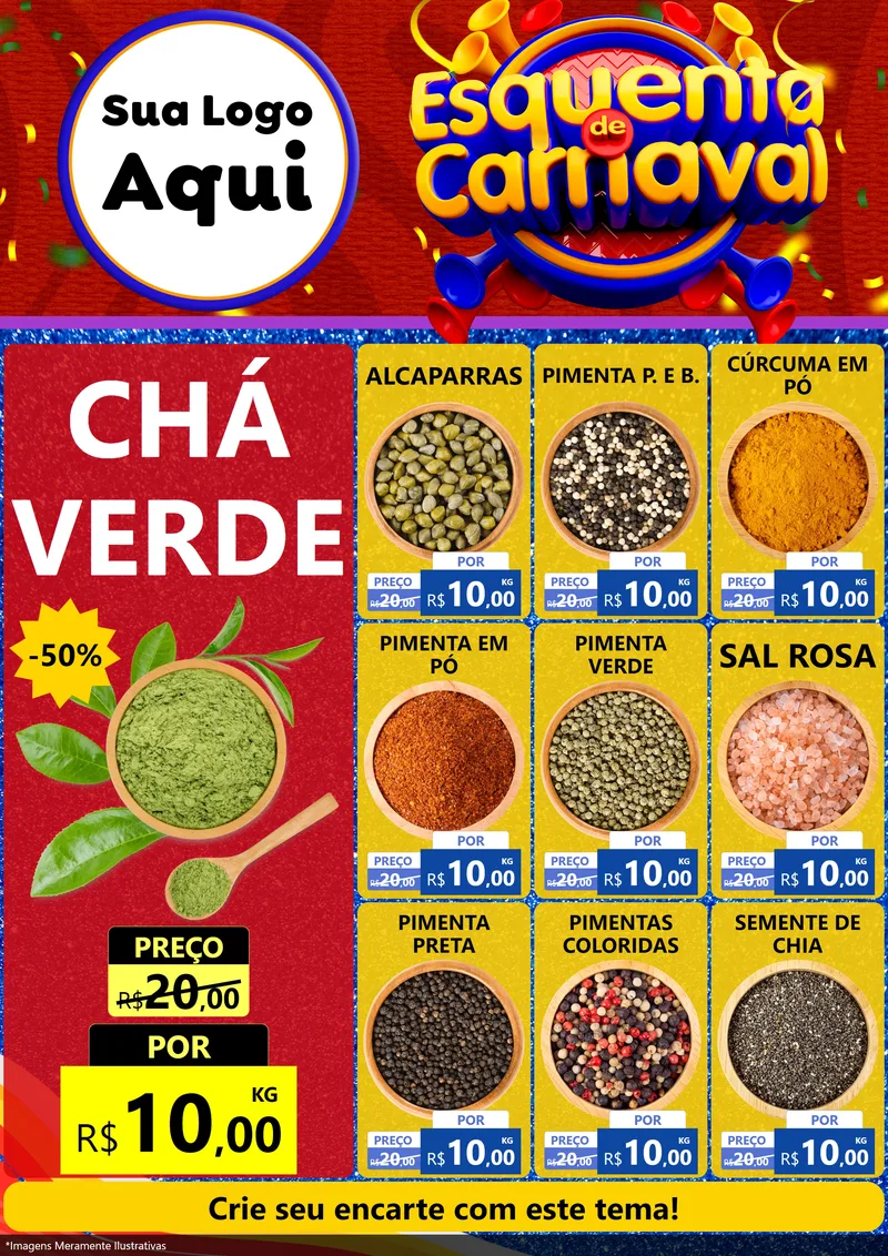 Modelo de Encarte para Encarte A4 Vertical com o tema Esquenta de Carnaval para Produtos Naturais
