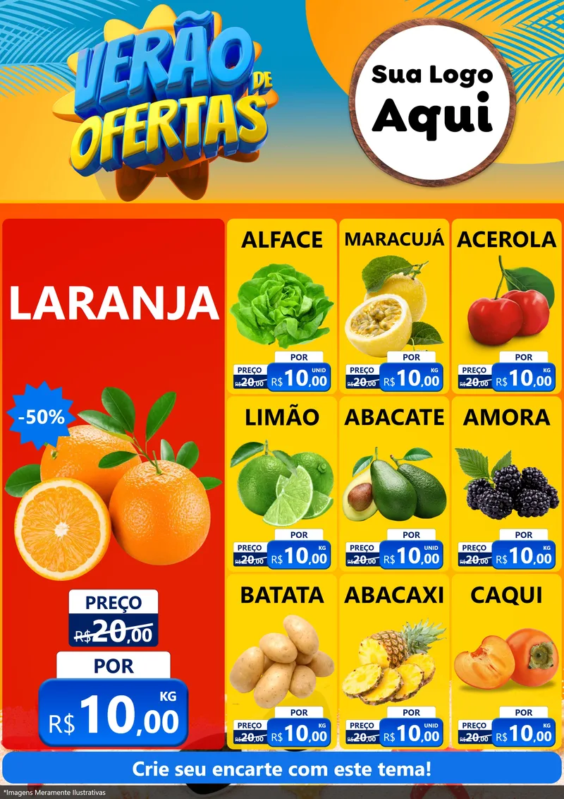 Modelo de Encarte para Encarte A4 Vertical com o tema Verão de Ofertas para Hortifrúti