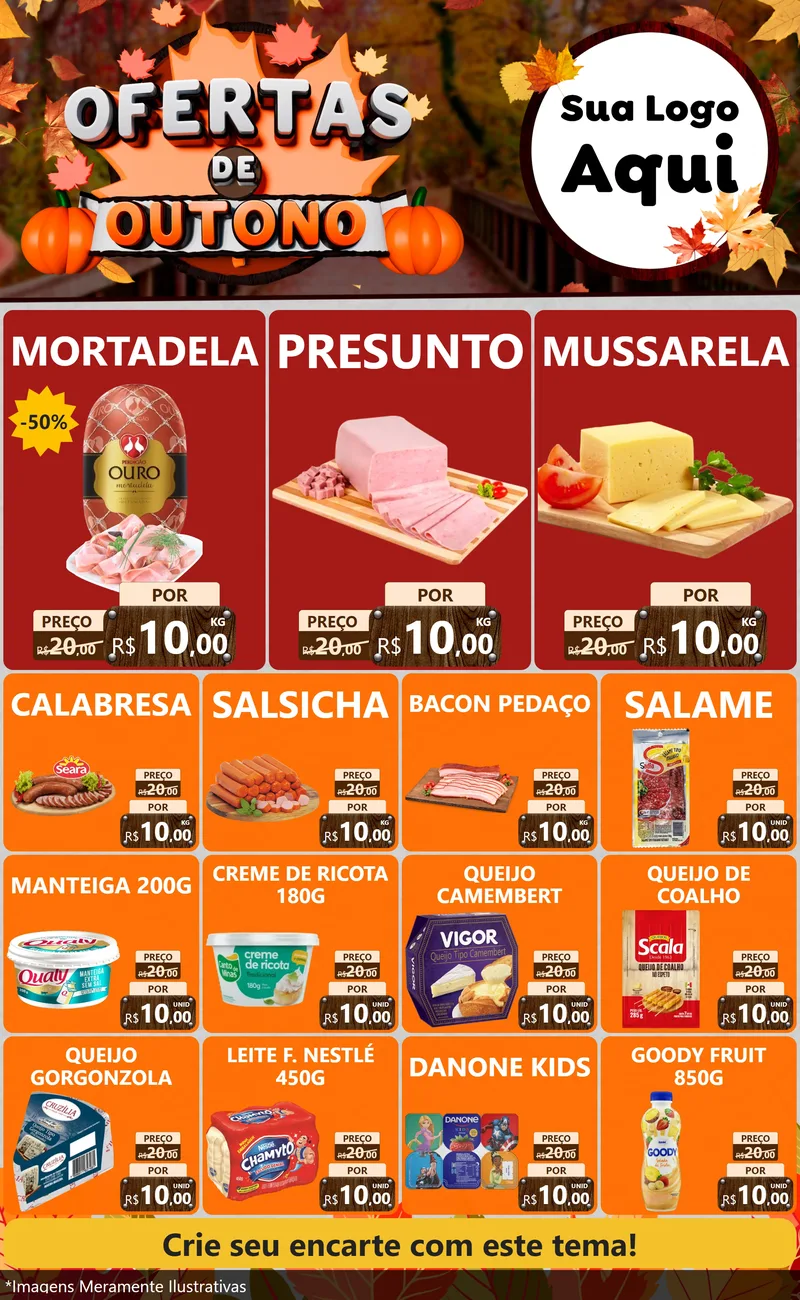 Modelo de Encarte para Encarte Grande com o tema Ofertas de Outono para Frios e Laticínios