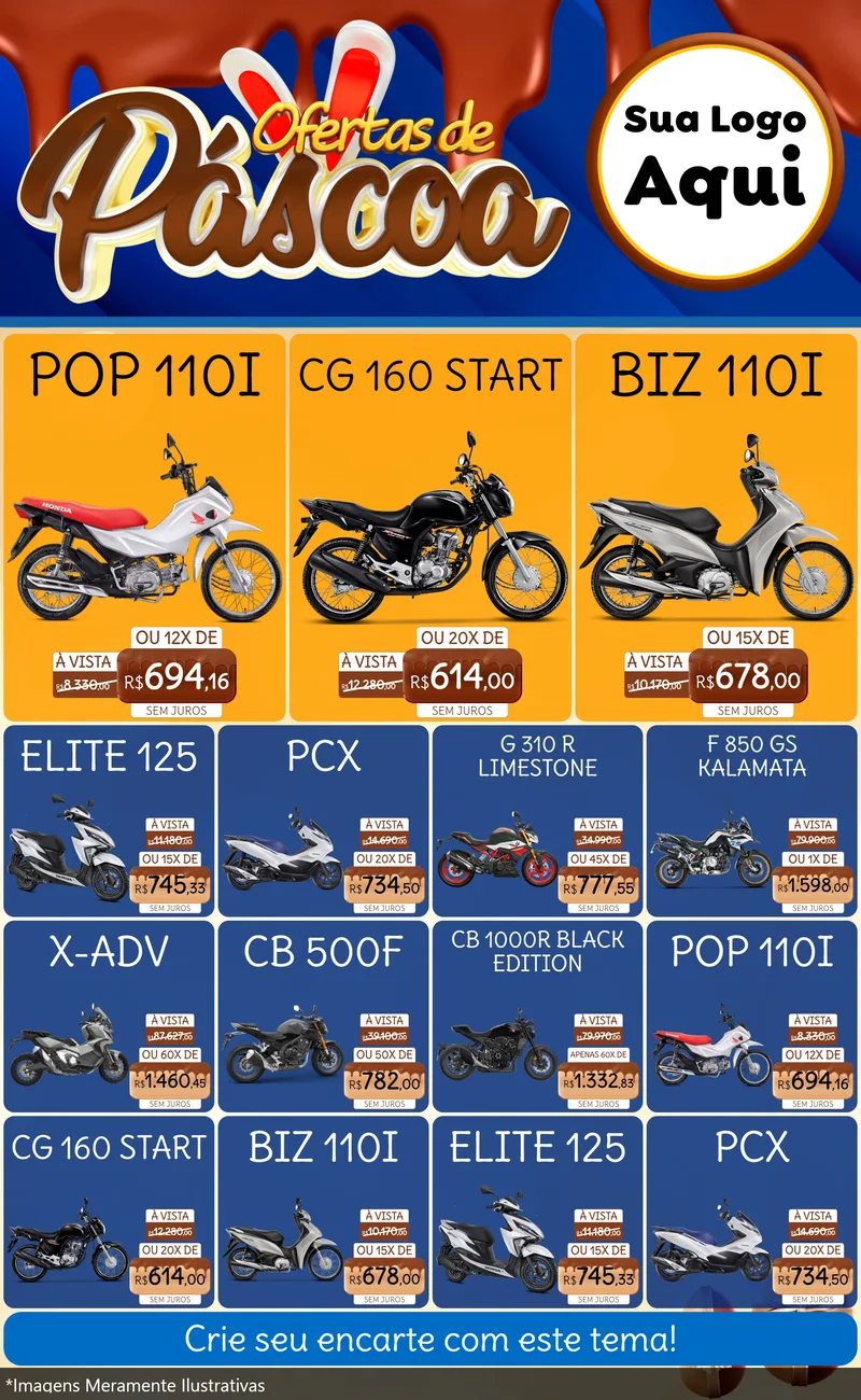 Modelo de Encarte para Encarte Grande com o tema Ofertas de Páscoa para Concessionaria de Motos