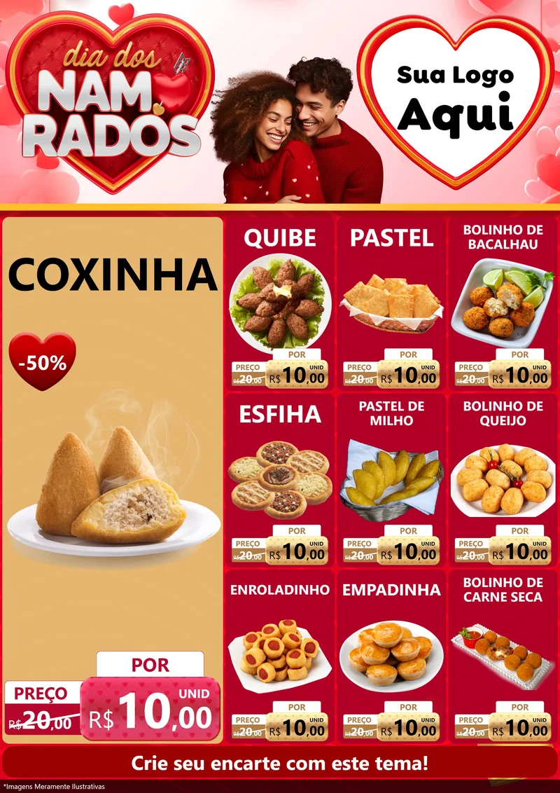 Modelo de Encarte para Encarte A4 Vertical com o tema Dia dos Namorados para Salgadaria