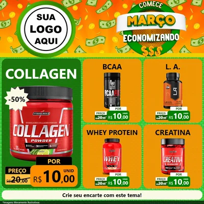 Modelo de Rede Social para Feed Facebook com o tema Comece Março Economizando para Suplementos alimentares