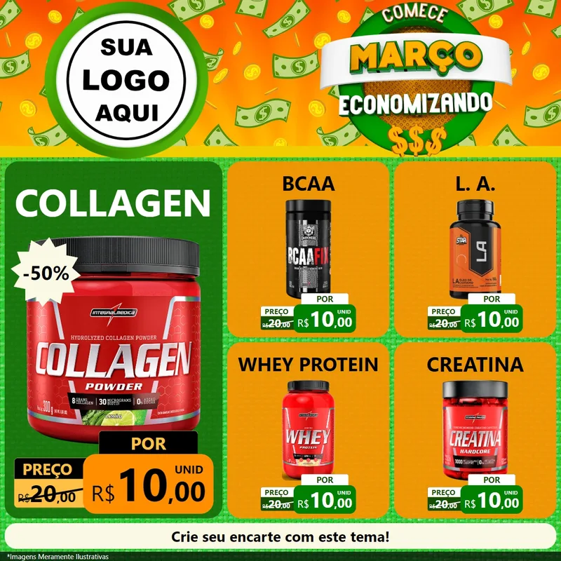 Modelo de Rede Social para Feed Facebook com o tema Comece Março Economizando para Suplementos alimentares
