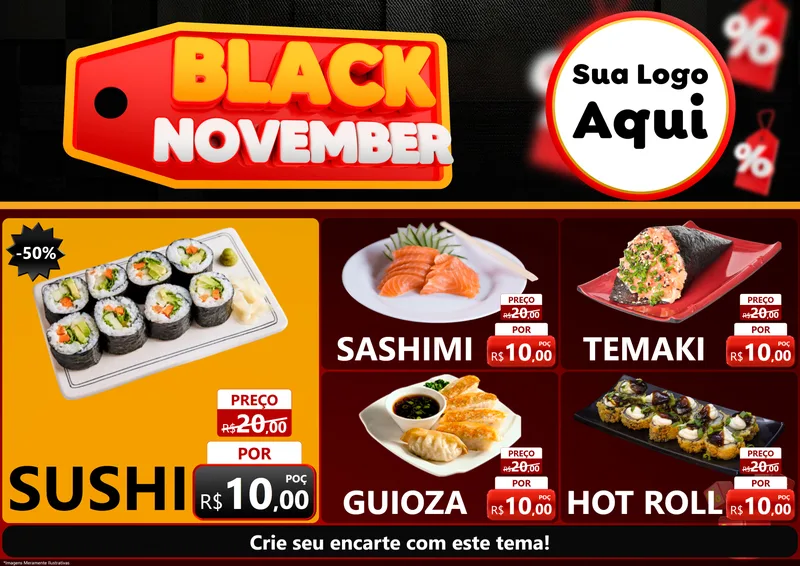 Modelo de Encarte para Encarte A4 Horizontal com o tema Black November para Comida japonesa