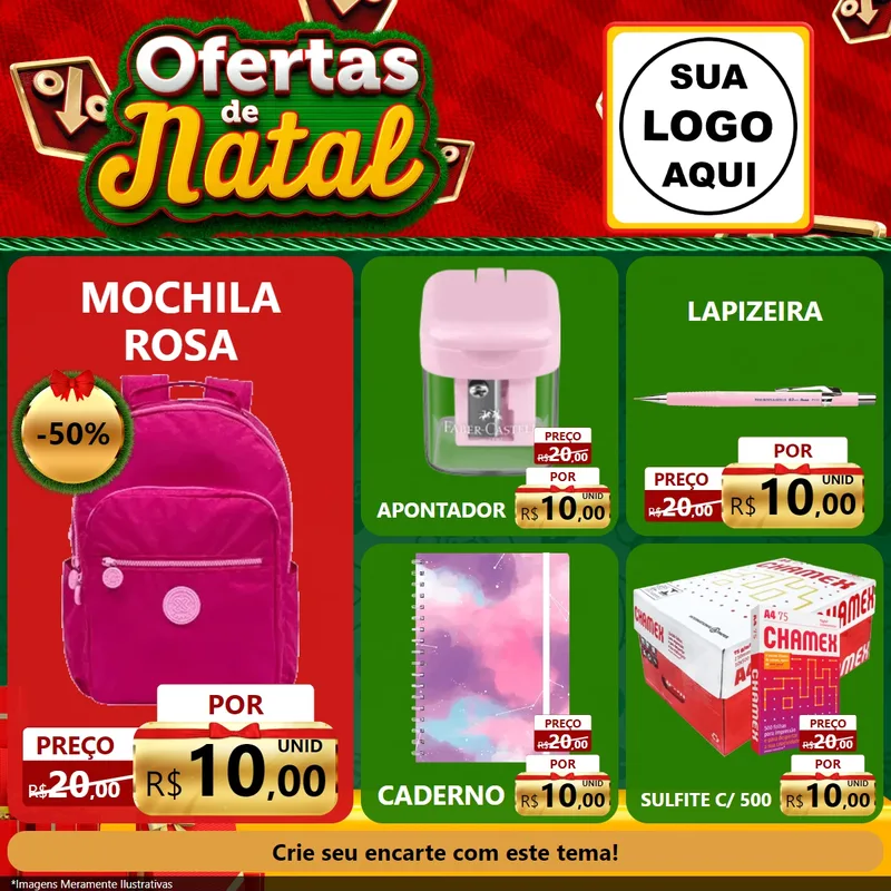 Modelo de Rede Social para Feed Facebook com o tema Ofertas de Natal para Papelaria