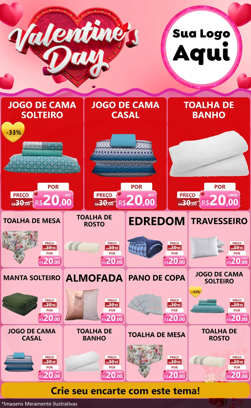 Modelo de Encarte para Encarte Grande com o tema Valentine's Day para Cama, Mesa e Banho