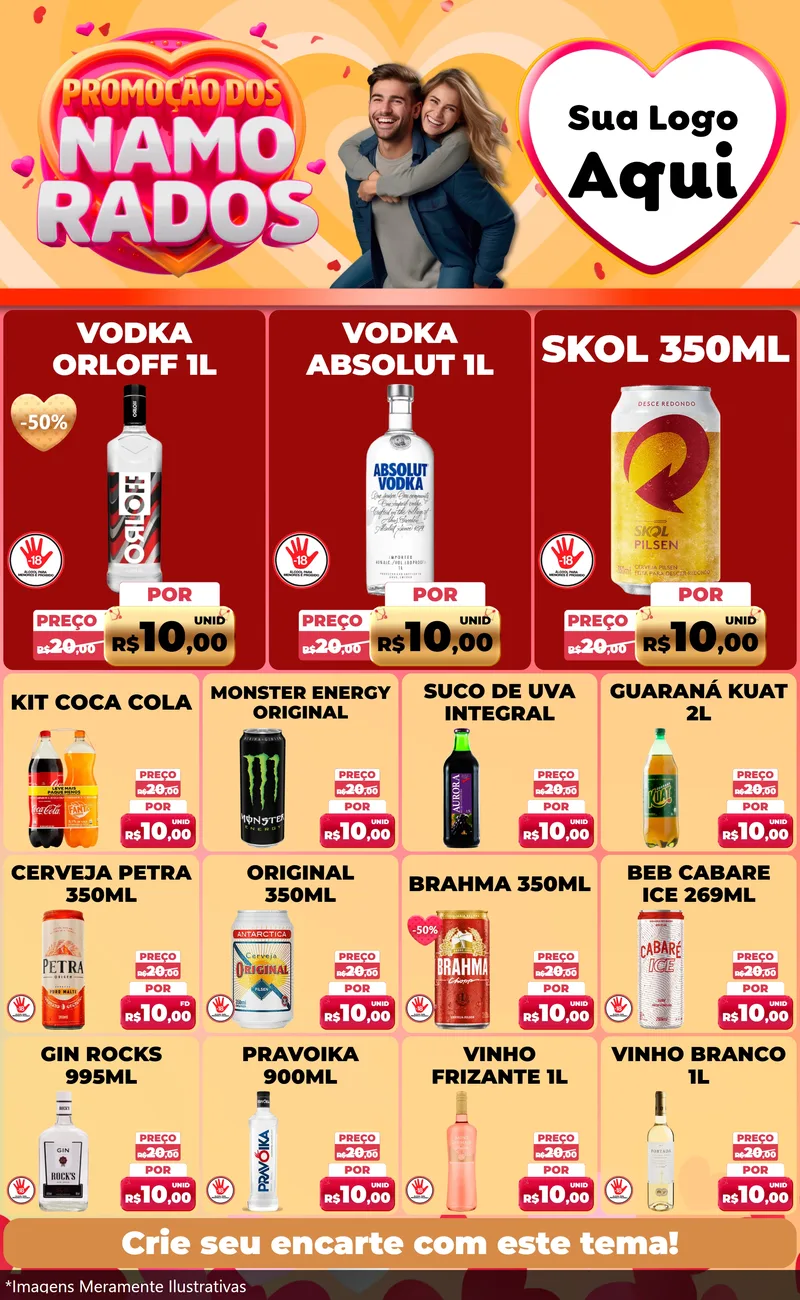 Modelo de Encarte para Encarte Grande com o tema Promoção dos Namorados para Distribuidora de bebidas