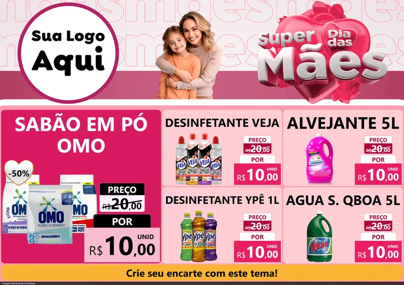 Modelo de Encarte para Encarte A4 Horizontal com o tema Super Dia Das Mães para Produtos de Limpeza