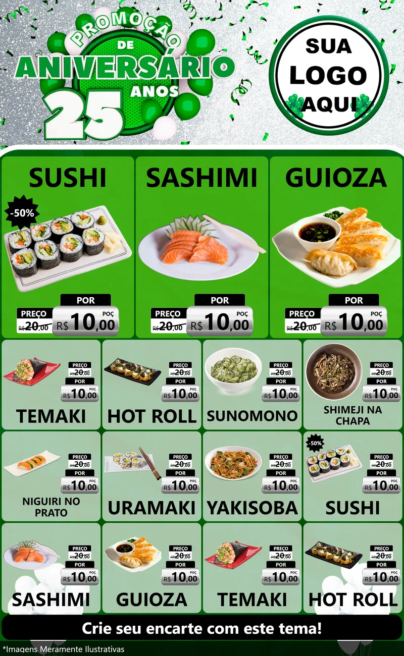Modelo de Encarte para Encarte Grande com o tema Promoção de Aniversário - 25 Anos para Comida japonesa