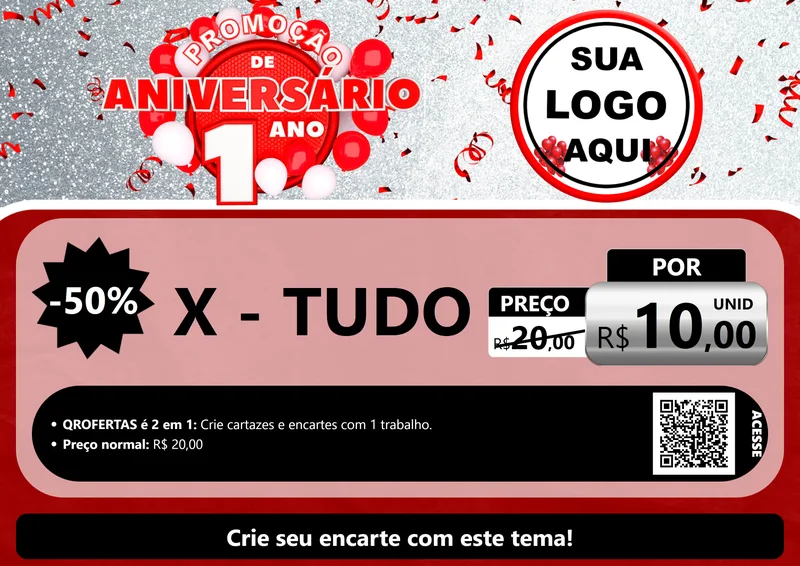 Modelo de Cartaz para Cartaz A4 Horizontal com o tema Promoção de Aniversário - 1 Ano para Hamburgueria