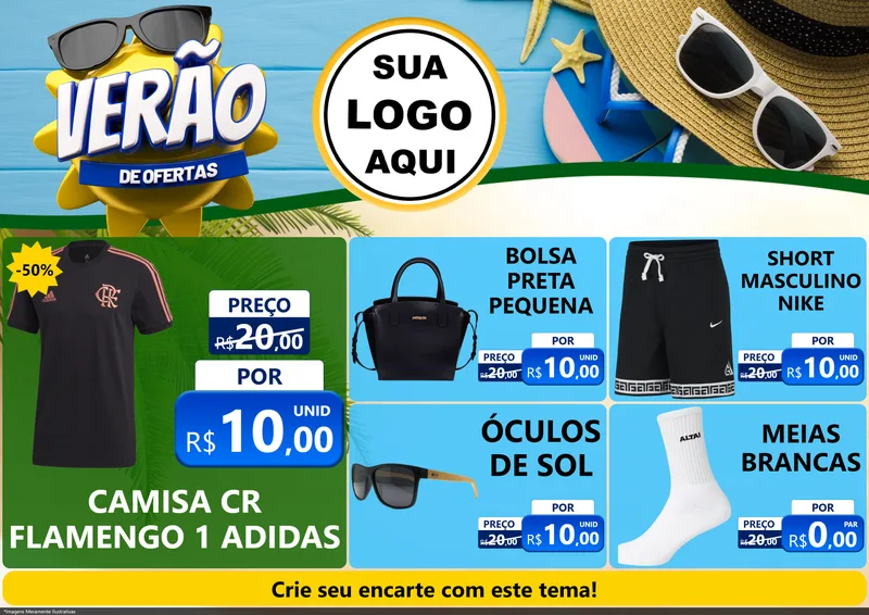 Modelo de Encarte para Encarte A4 Horizontal com o tema Verão de Ofertas para Roupas e acessórios