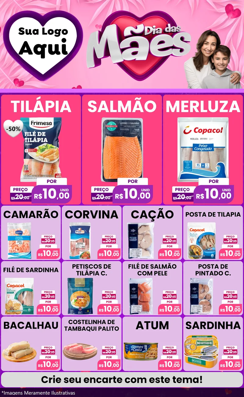 Modelo de Encarte para Encarte Grande com o tema Dia das Mães para Peixaria