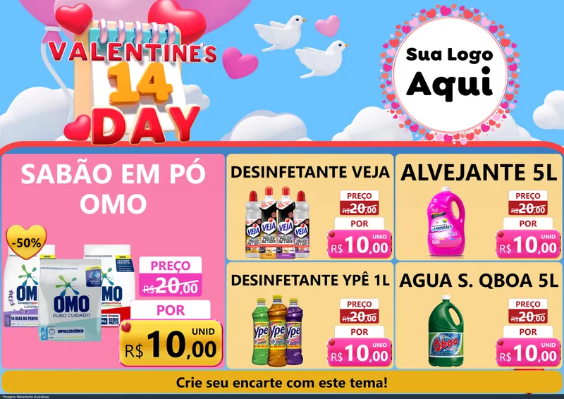 Modelo de Encarte para Encarte A4 Horizontal com o tema Valentine's Day para Produtos de Limpeza
