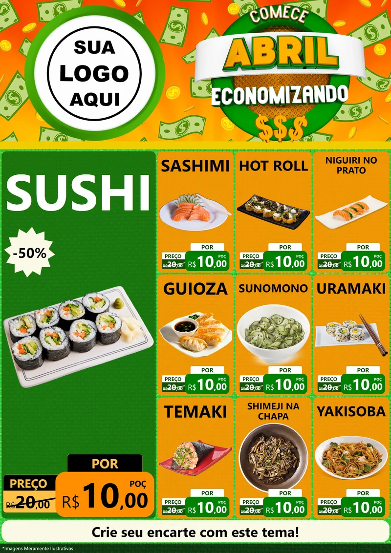 Modelo de Encarte para Encarte A4 Vertical com o tema Comece Abril Economizando para Comida japonesa