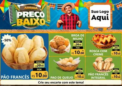 Modelo de Encarte para Encarte A4 Horizontal com o tema Arraiá de Preço Baixo - Junina para Padaria