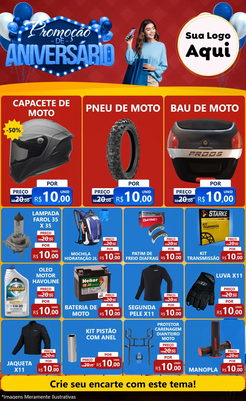 Modelo de Encarte para Encarte Grande com o tema Promoção de Aniversário para Moto peças