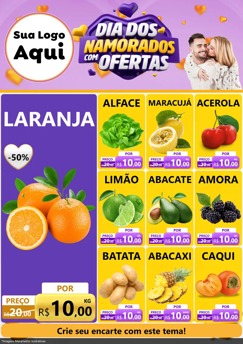 Modelo de Encarte para Encarte A4 Vertical com o tema Dia Dos Namorados Com Ofertas para Hortifrúti