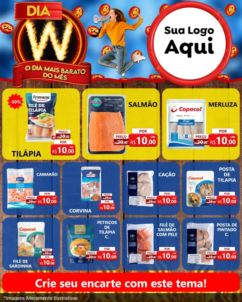 Modelo de Rede Social para Feed Instagram com o tema Dia W - O Dia Mais Barato Do Mês para Peixaria