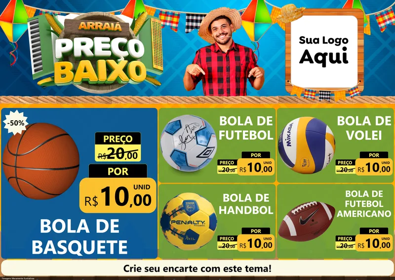Modelo de Encarte para Encarte A4 Horizontal com o tema Arraiá de Preço Baixo - Junina para Artigos Esportivos