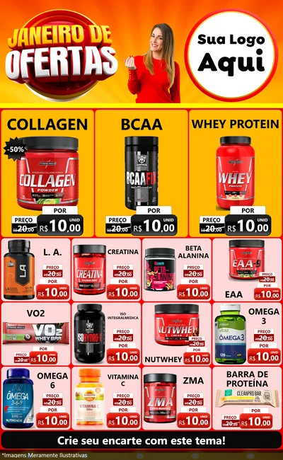 Modelo de Encarte para Encarte Grande com o tema Janeiro de Ofertas para Suplementos alimentares