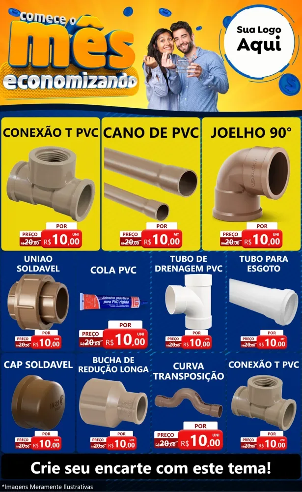 Modelo de Encarte para Encarte Grande com o tema Comece O Mês Economizando para Tubos e conexões