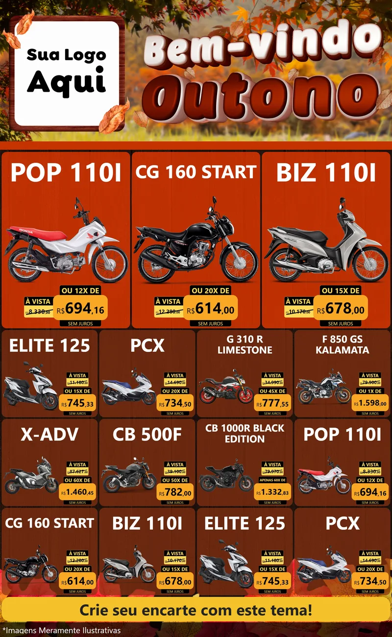 Modelo de Encarte para Encarte Grande com o tema Bem-vindo Outono para Concessionaria de Motos