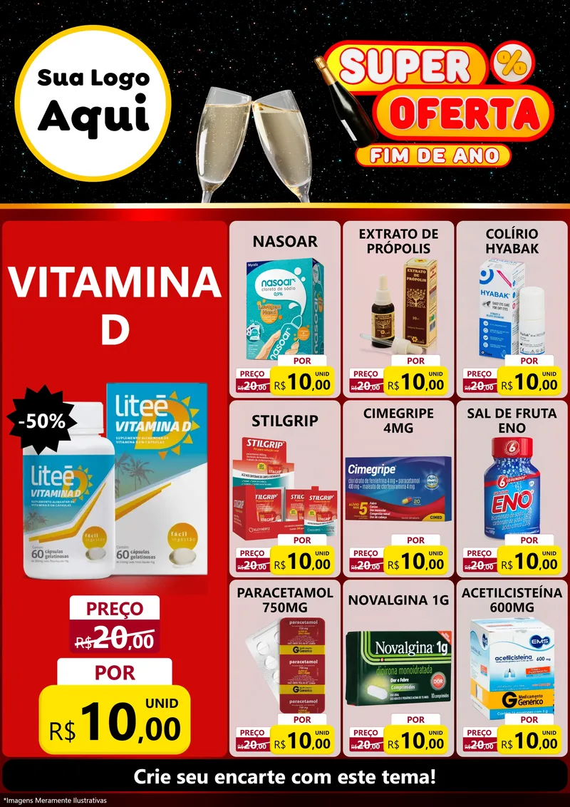 Modelo de Encarte para Encarte A4 Vertical com o tema Super Oferta Fim de Ano para Farmácia