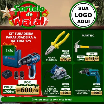 Modelo de Rede Social para Feed Facebook com o tema Sorteio de Natal para Maquinas e Ferramentas