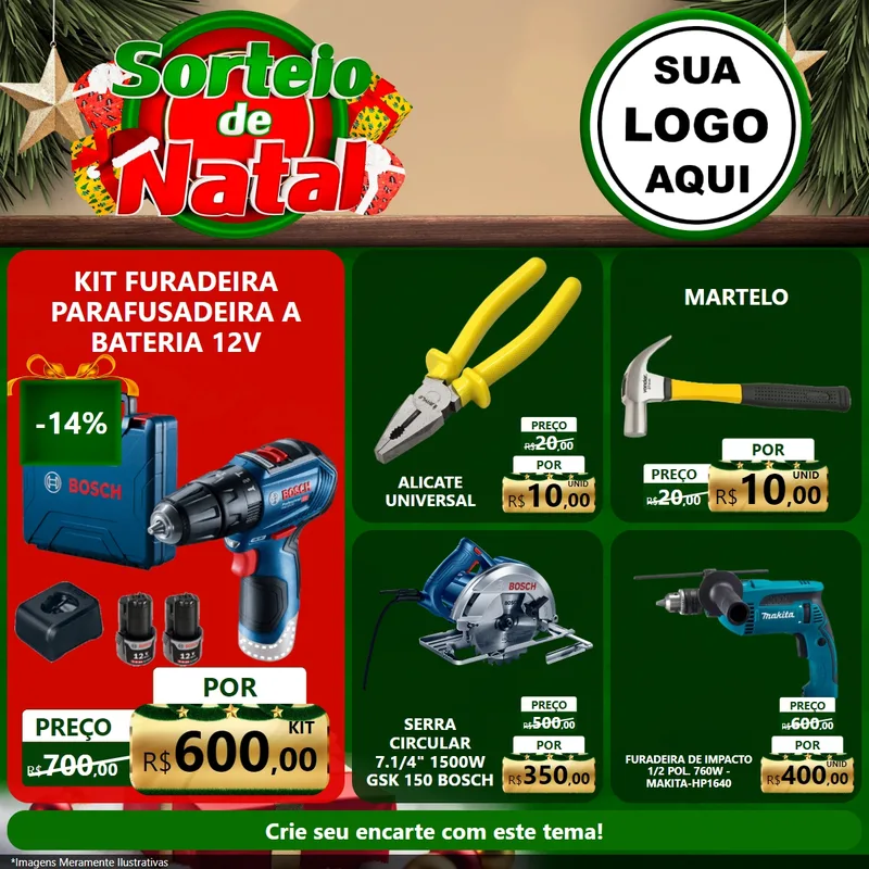 Modelo de Rede Social para Feed Facebook com o tema Sorteio de Natal para Maquinas e Ferramentas