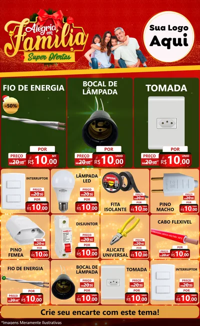Modelo de Encarte para Encarte Grande com o tema Alegria em Família Super Ofertas - Natal para Materiais Elétricos
