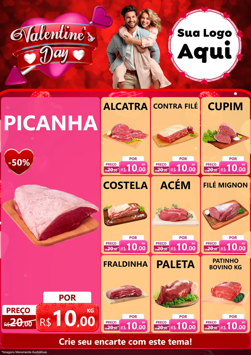 Modelo de Encarte para Encarte A4 Vertical com o tema Valentine's Day para Açougue